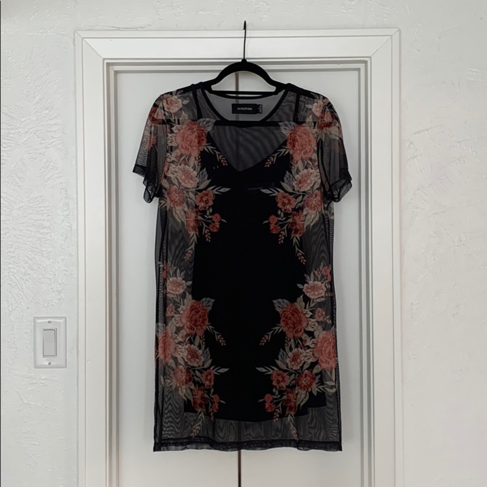 MINKPINK Floral black mesh dress with black slip